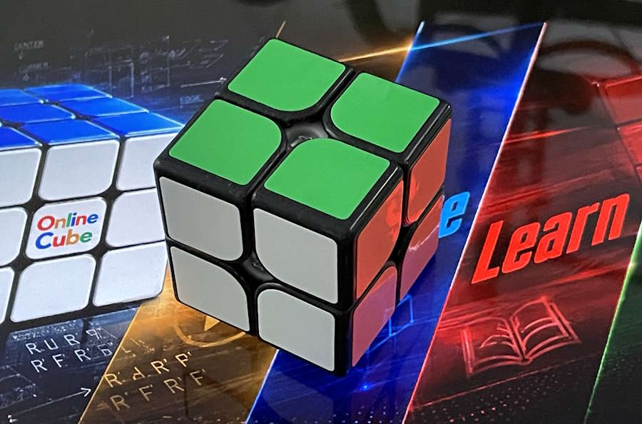 A black 2x2 pocket cube on a corner, green face up, white and red faces showing