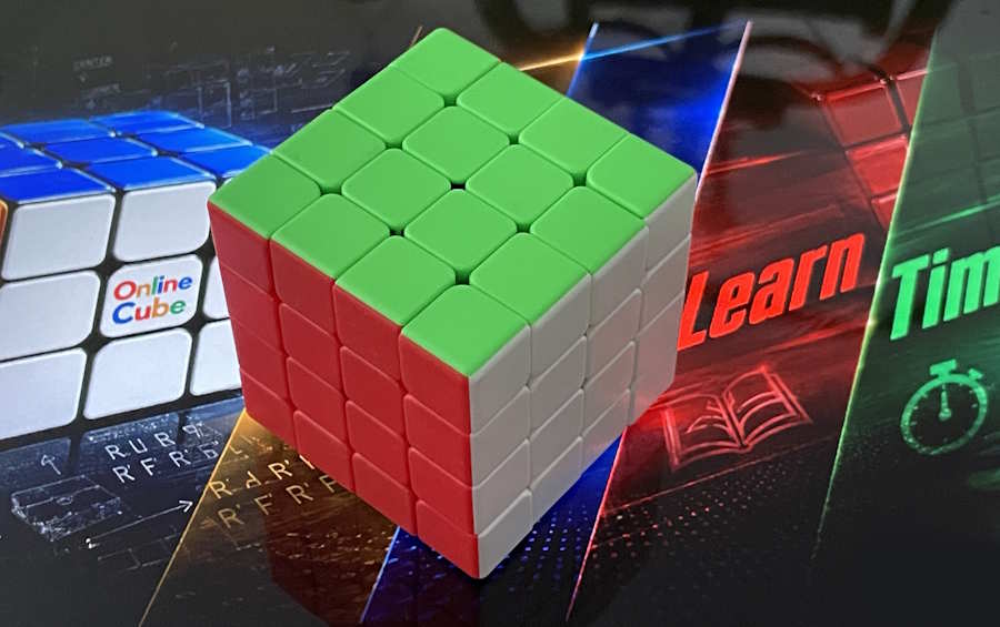 A stickerless 4x4 cube on a corner, green face up, red and white faces showing