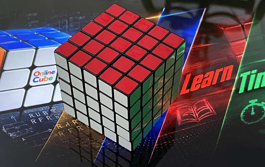 A black 5x5 Professor's Cube on a corner, red face up, white and green faces showing