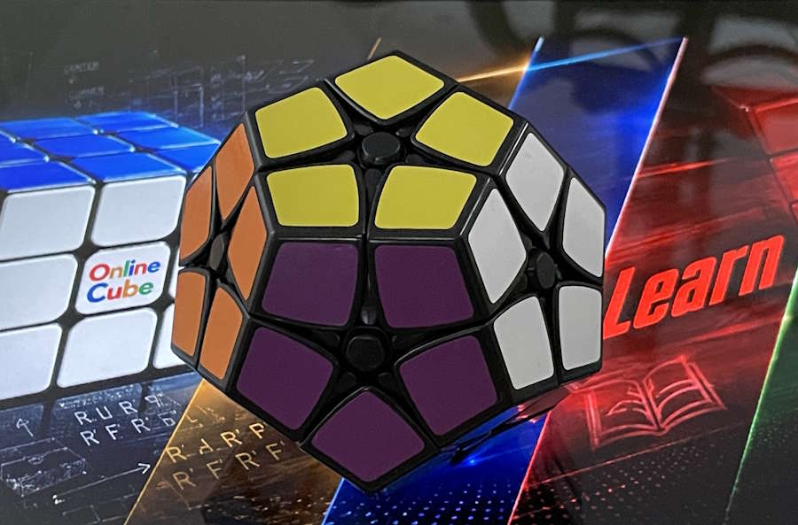 A black Kilominx, the corners-only dodecahedron, with yellow, purple and white faces showing