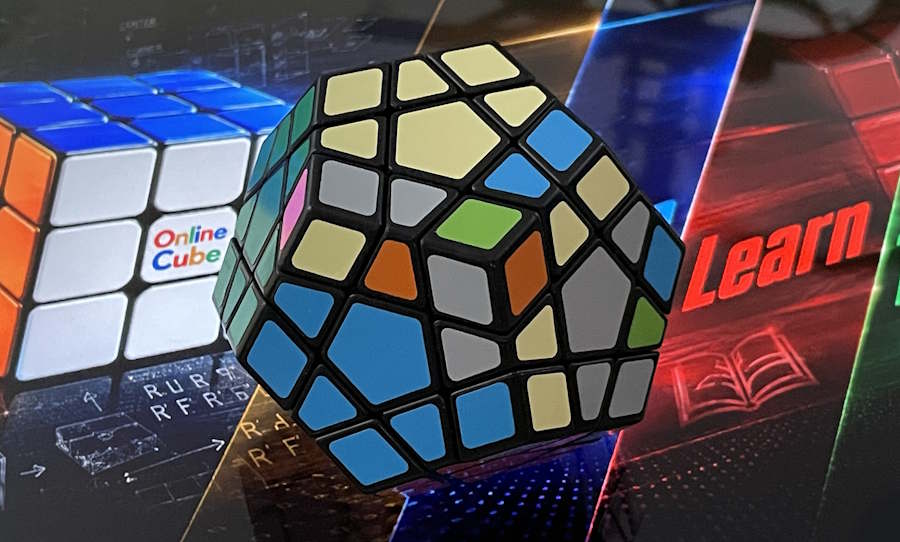A black Megaminx, the twelve-sided dodecahedron, scrambled across its pentagonal faces