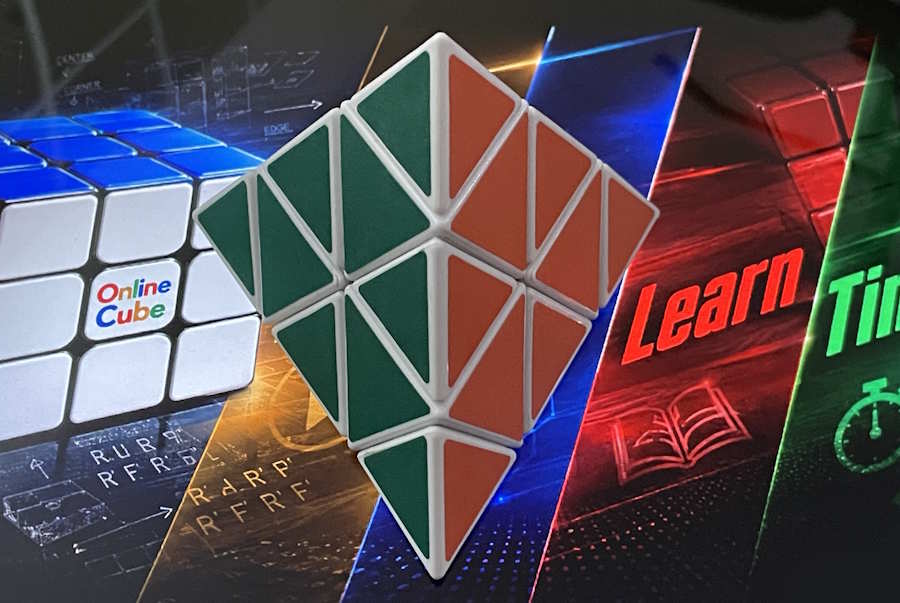 A white-bodied Pyraminx balanced on its tip, one green face and one orange face showing